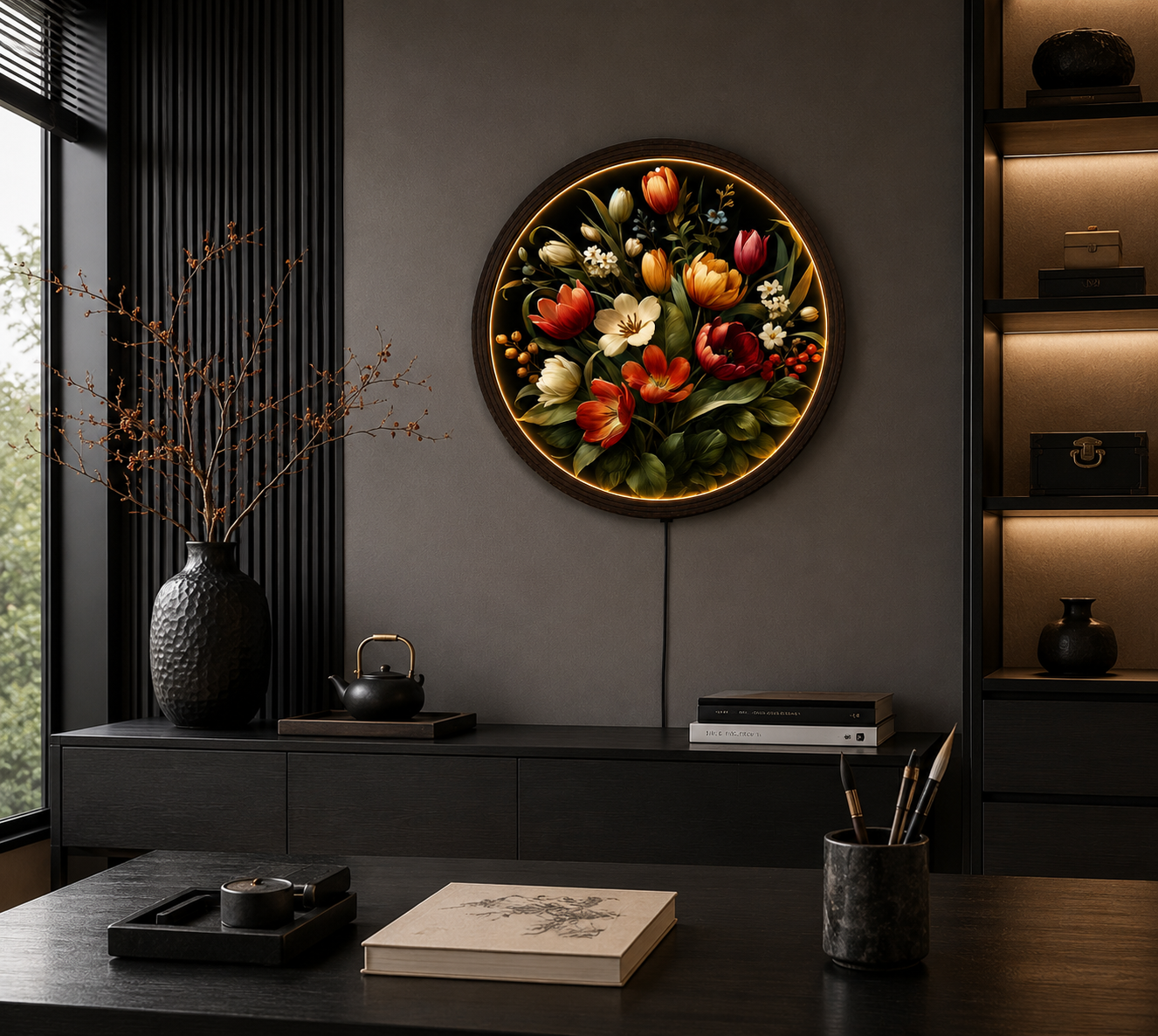 Elegant Floral LED Wall Art – Round Tulip Bloom Lighted Wall Decor, Modern Botanical Home Decor, Illuminated Acrylic Wall Hanging, Living Room Bedroom Decoration  Alternative SEO-friendly Shopify titles: