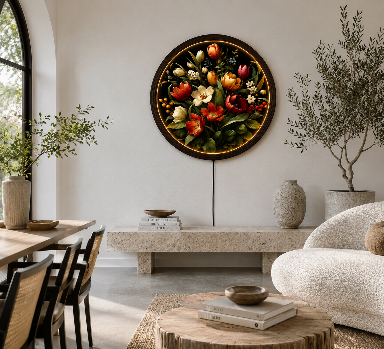 Elegant Floral LED Wall Art – Round Tulip Bloom Lighted Wall Decor, Modern Botanical Home Decor, Illuminated Acrylic Wall Hanging, Living Room Bedroom Decoration  Alternative SEO-friendly Shopify titles: