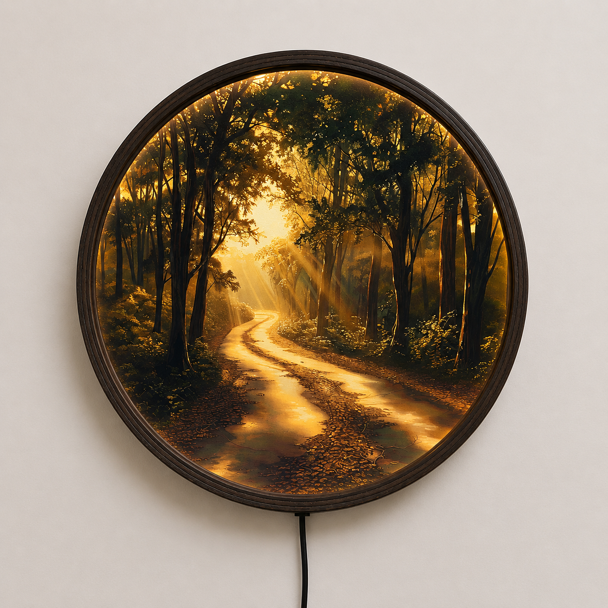 Golden Forest Path LED Wall Art – Round Illuminated Nature Wall Decor