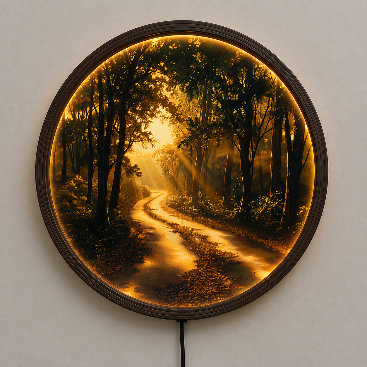 Golden Forest Path LED Wall Art – Round Illuminated Nature Wall Decor