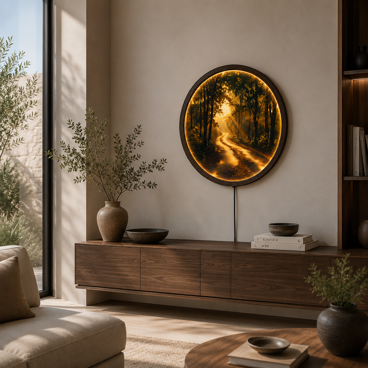 Golden Forest Path LED Wall Art – Round Illuminated Nature Wall Decor