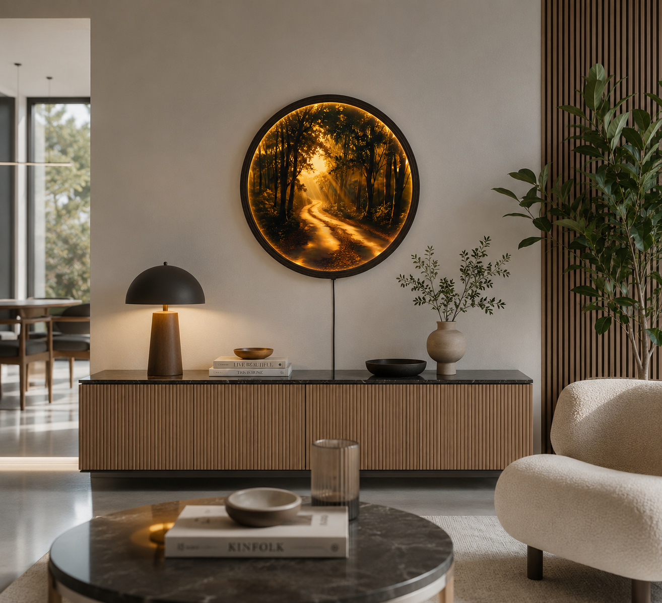 Golden Forest Path LED Wall Art – Round Illuminated Nature Wall Decor