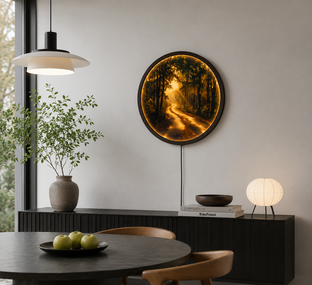 Golden Forest Path LED Wall Art – Round Illuminated Nature Wall Decor
