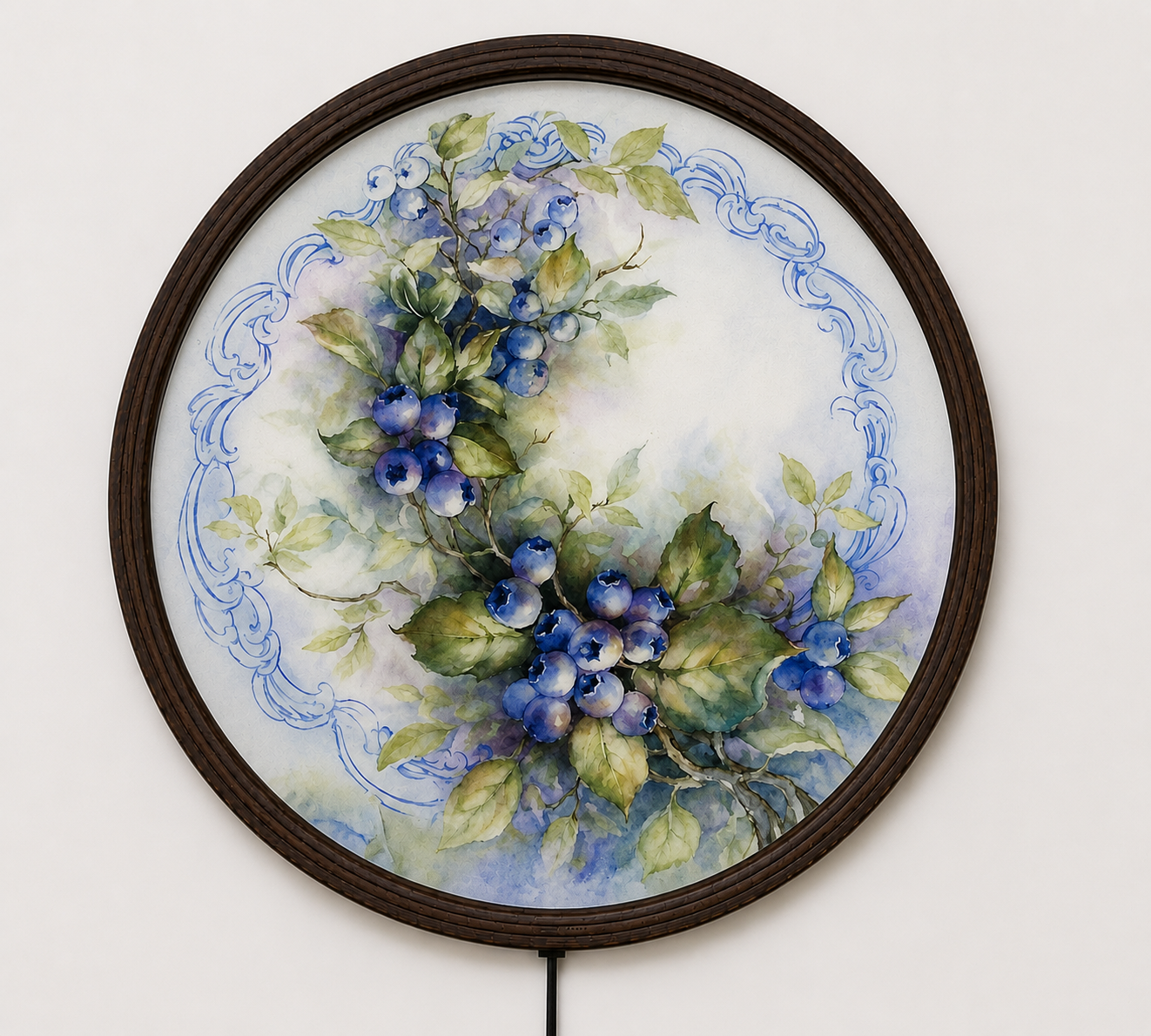 Blueberry Botanical LED Round Wall Art – Illuminated Rustic Floral Wall Decor with Wooden Frame, Modern Farmhouse Home Decoration