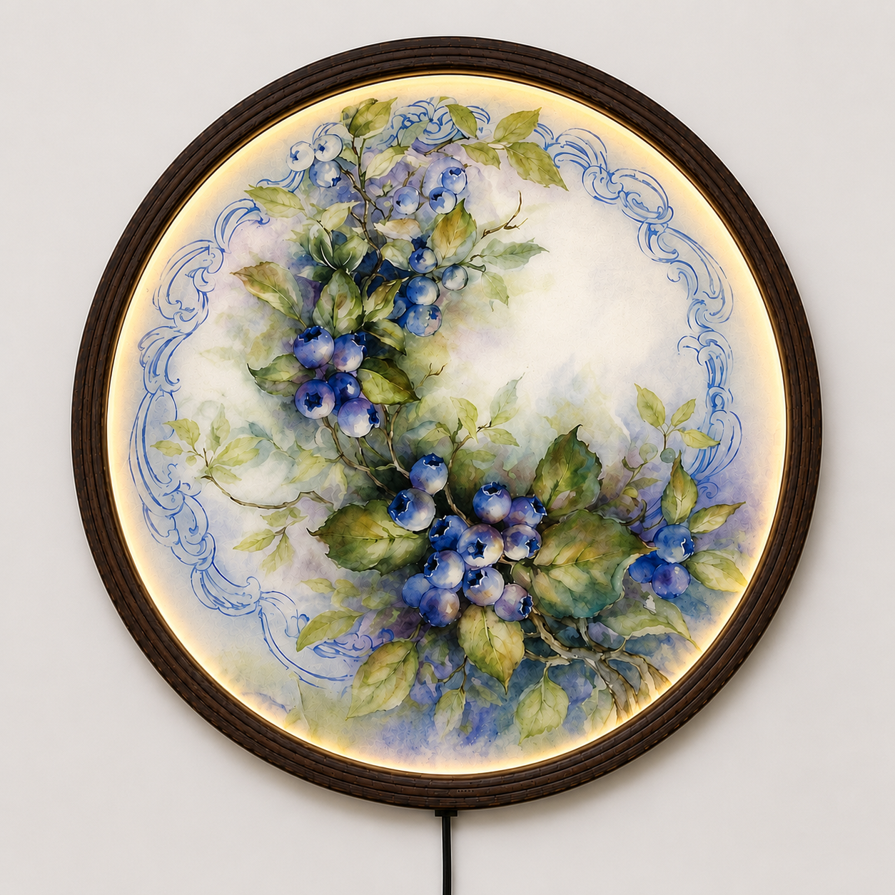 Blueberry Botanical LED Round Wall Art – Illuminated Rustic Floral Wall Decor with Wooden Frame, Modern Farmhouse Home Decoration