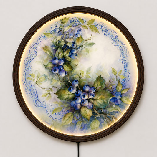 Blueberry Botanical LED Round Wall Art – Illuminated Rustic Floral Wall Decor with Wooden Frame, Modern Farmhouse Home Decoration