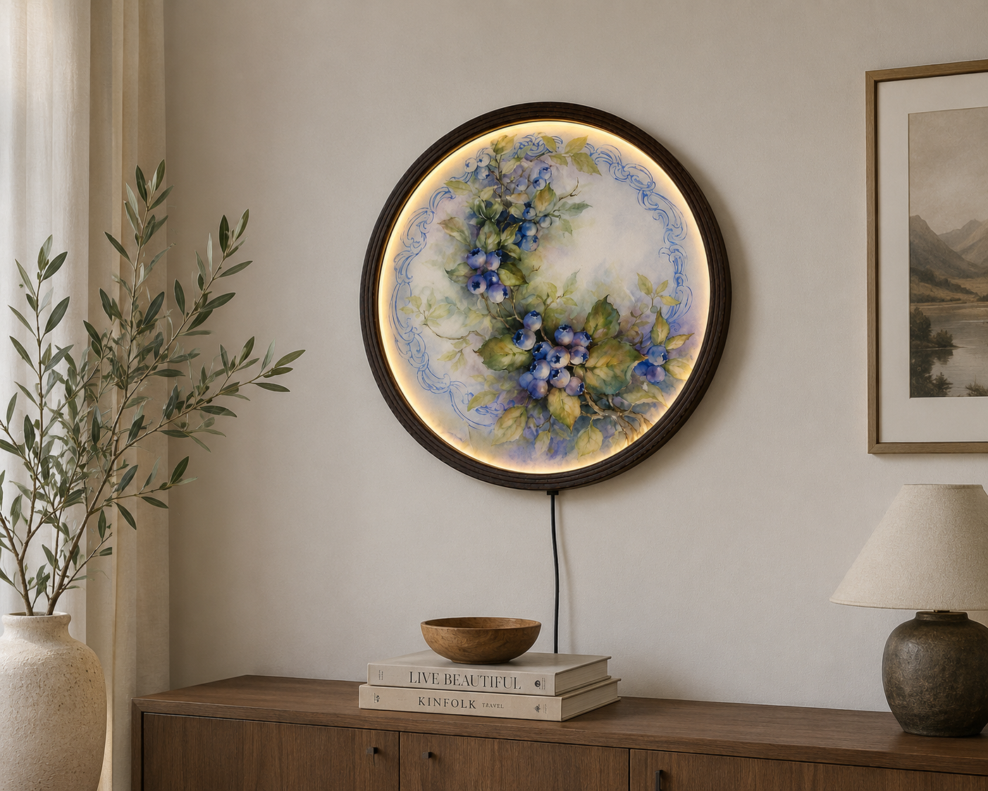 Blueberry Botanical LED Round Wall Art – Illuminated Rustic Floral Wall Decor with Wooden Frame, Modern Farmhouse Home Decoration