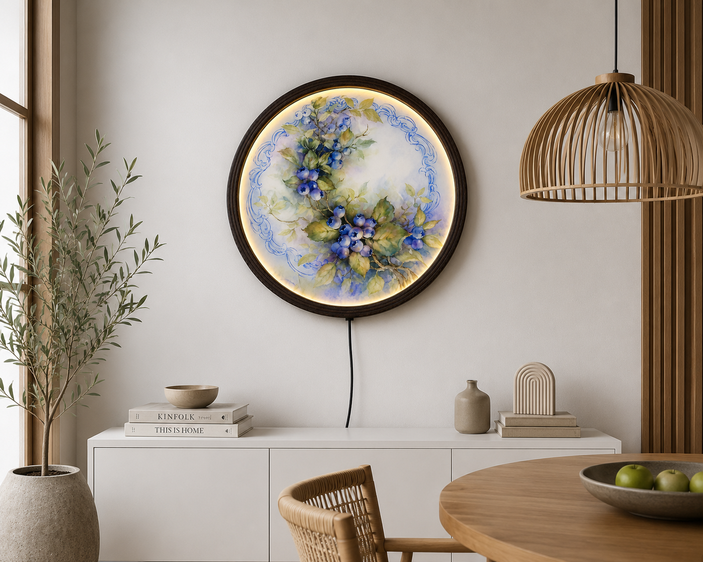 Blueberry Botanical LED Round Wall Art – Illuminated Rustic Floral Wall Decor with Wooden Frame, Modern Farmhouse Home Decoration