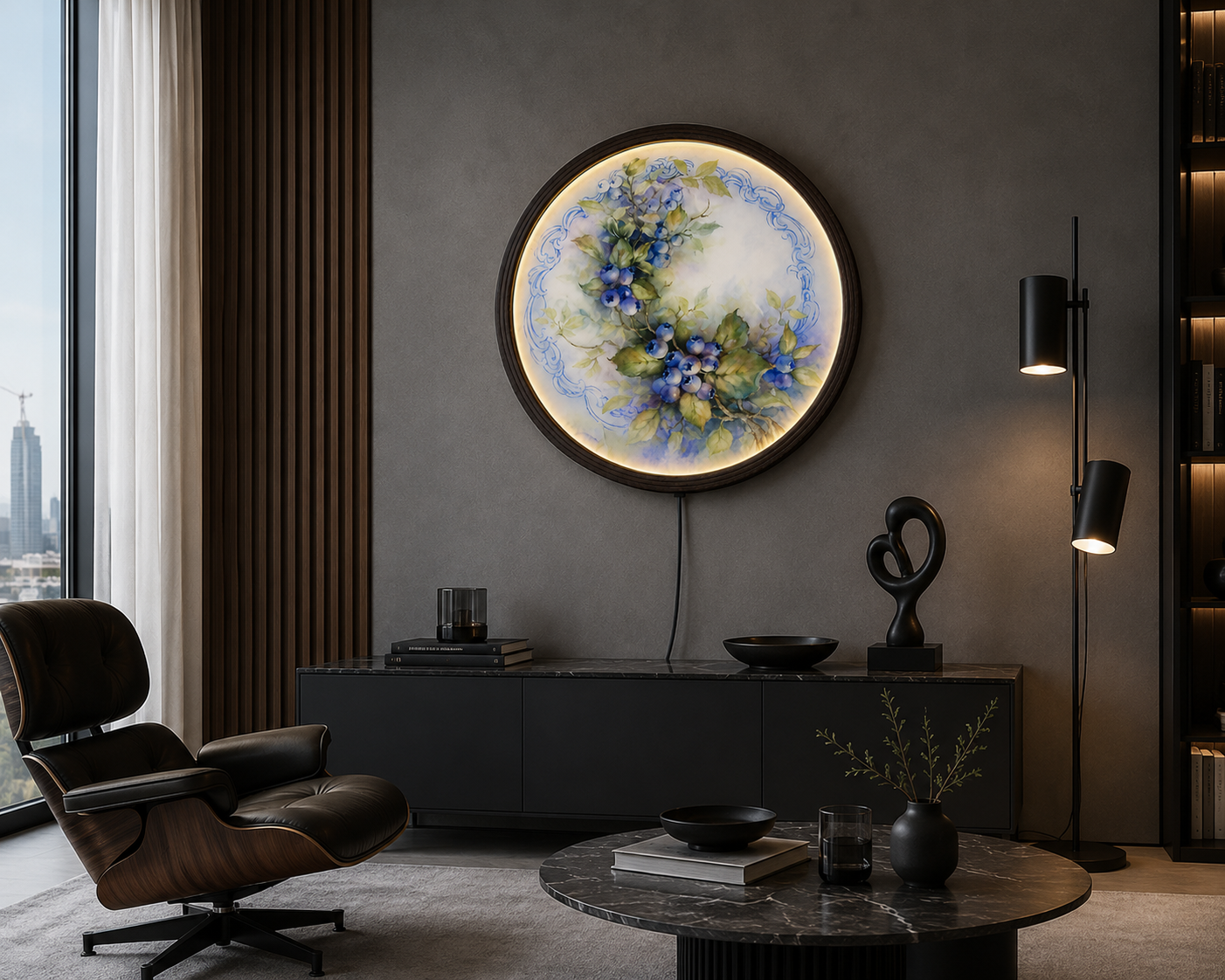 Blueberry Botanical LED Round Wall Art – Illuminated Rustic Floral Wall Decor with Wooden Frame, Modern Farmhouse Home Decoration