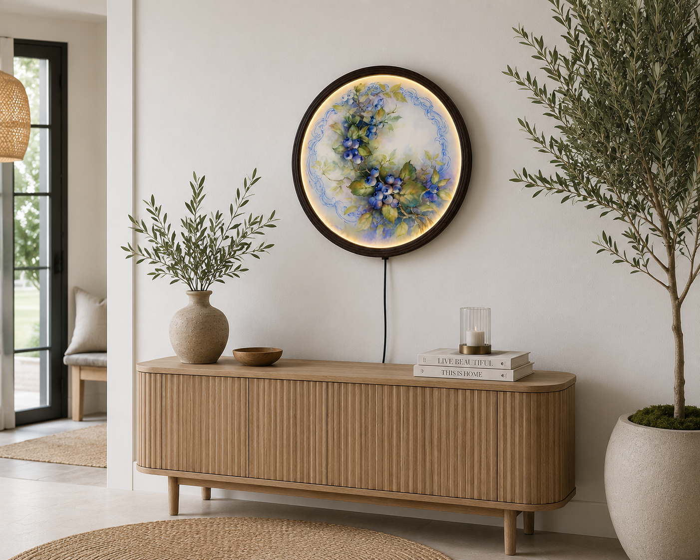 Blueberry Botanical LED Round Wall Art – Illuminated Rustic Floral Wall Decor with Wooden Frame, Modern Farmhouse Home Decoration
