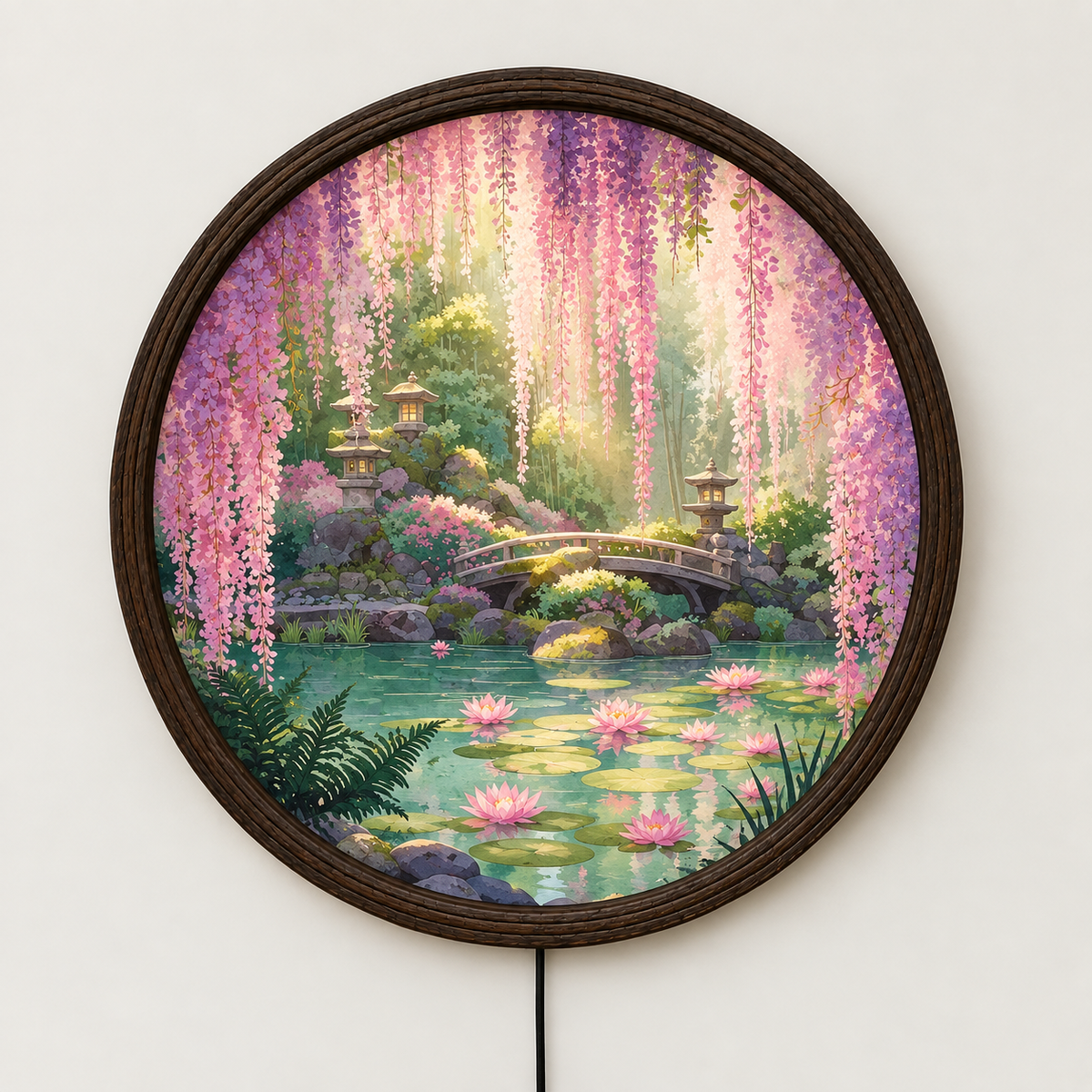Japanese Garden LED Wall Art – Round Illuminated Floral Wall Decor