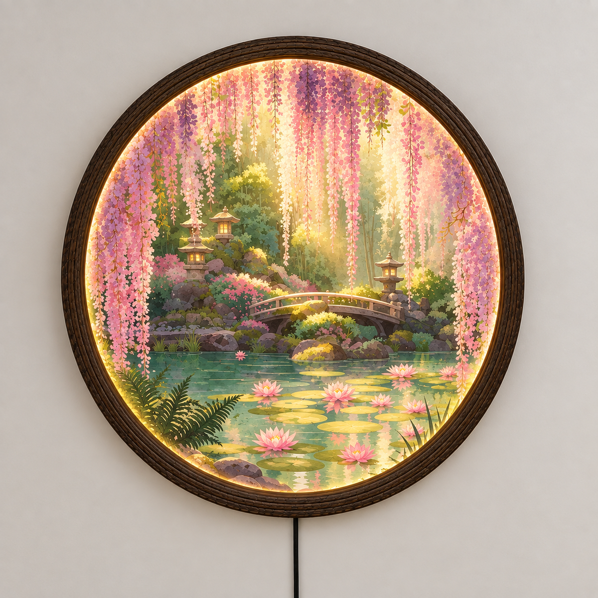 Japanese Garden LED Wall Art – Round Illuminated Floral Wall Decor