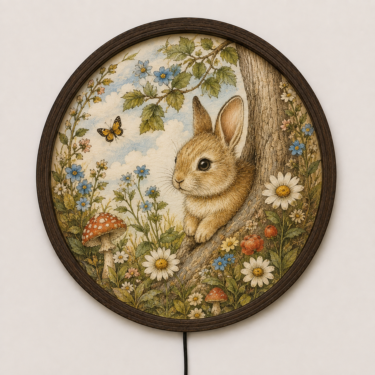 Woodland Bunny LED Wall Art – Round Illuminated Forest Rabbit Decor with Floral Nature Design | Rustic Home Decor