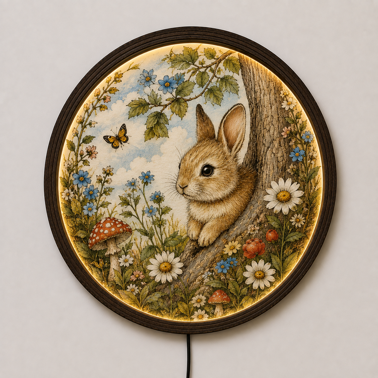 Woodland Bunny LED Wall Art – Round Illuminated Forest Rabbit Decor with Floral Nature Design | Rustic Home Decor