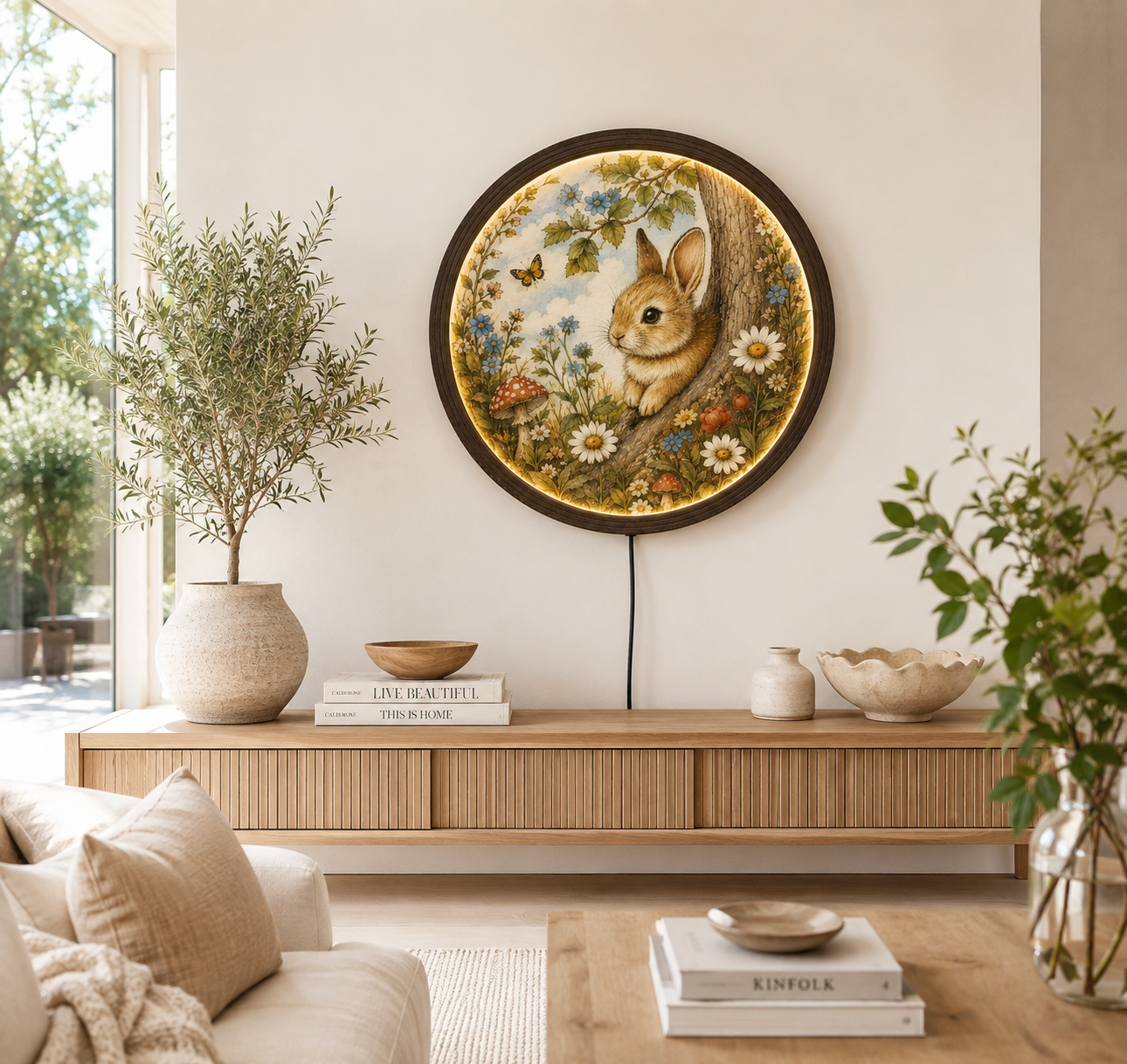 Woodland Bunny LED Wall Art – Round Illuminated Forest Rabbit Decor with Floral Nature Design | Rustic Home Decor