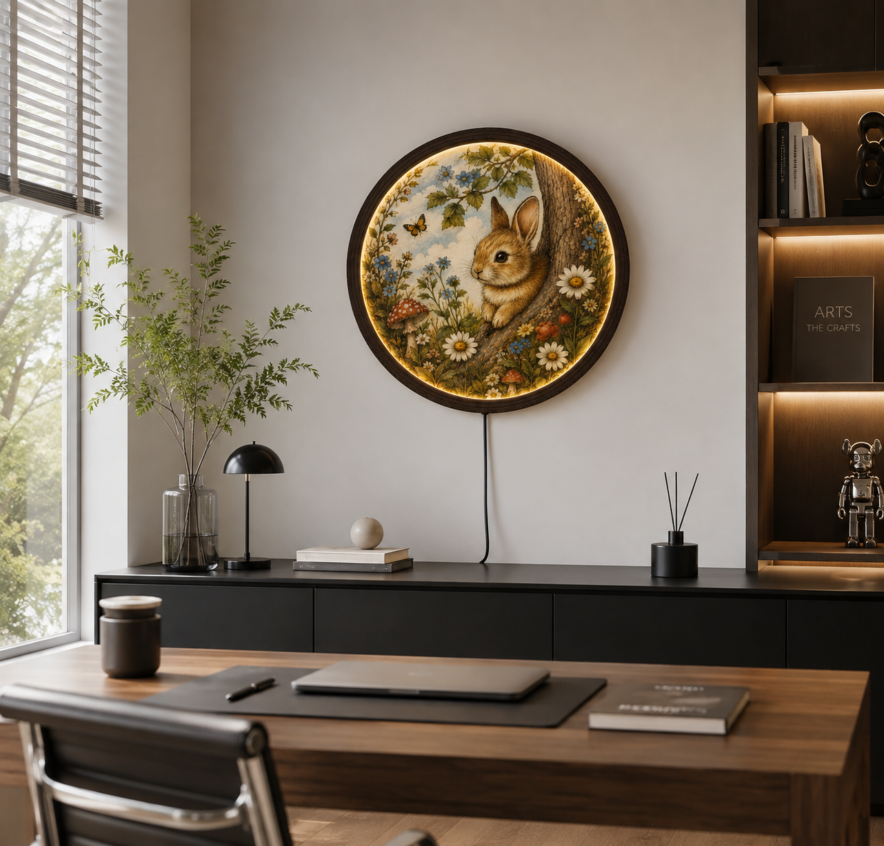 Woodland Bunny LED Wall Art – Round Illuminated Forest Rabbit Decor with Floral Nature Design | Rustic Home Decor