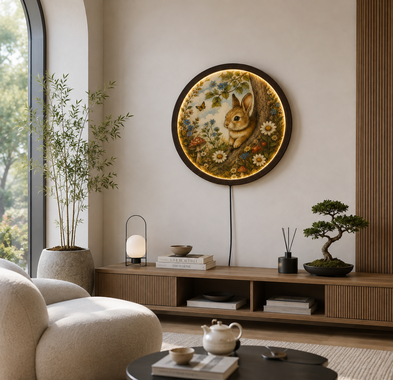 Woodland Bunny LED Wall Art – Round Illuminated Forest Rabbit Decor with Floral Nature Design | Rustic Home Decor