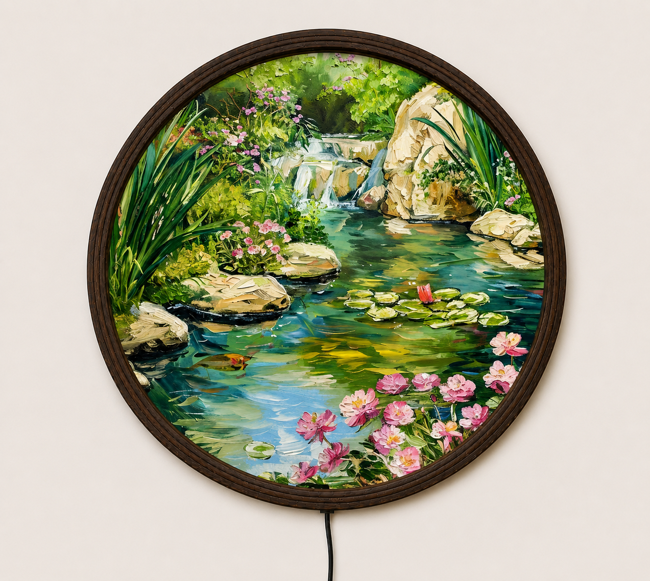 Round LED Waterfall Wall Art – Nature Landscape Lighted Wall Decor