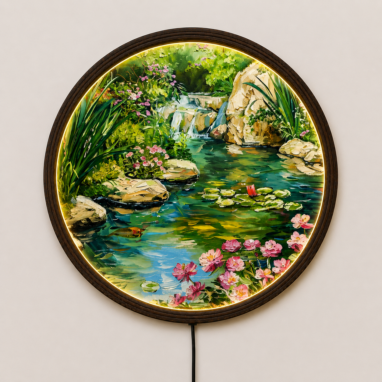 Round LED Waterfall Wall Art – Nature Landscape Lighted Wall Decor
