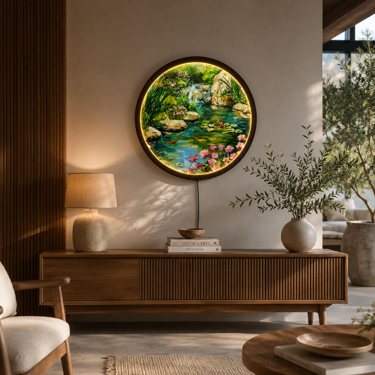 Round LED Waterfall Wall Art – Nature Landscape Lighted Wall Decor