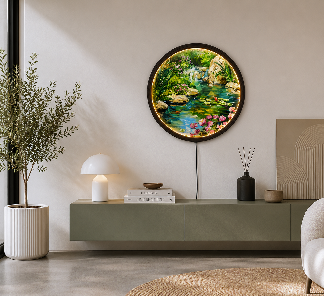 Round LED Waterfall Wall Art – Nature Landscape Lighted Wall Decor