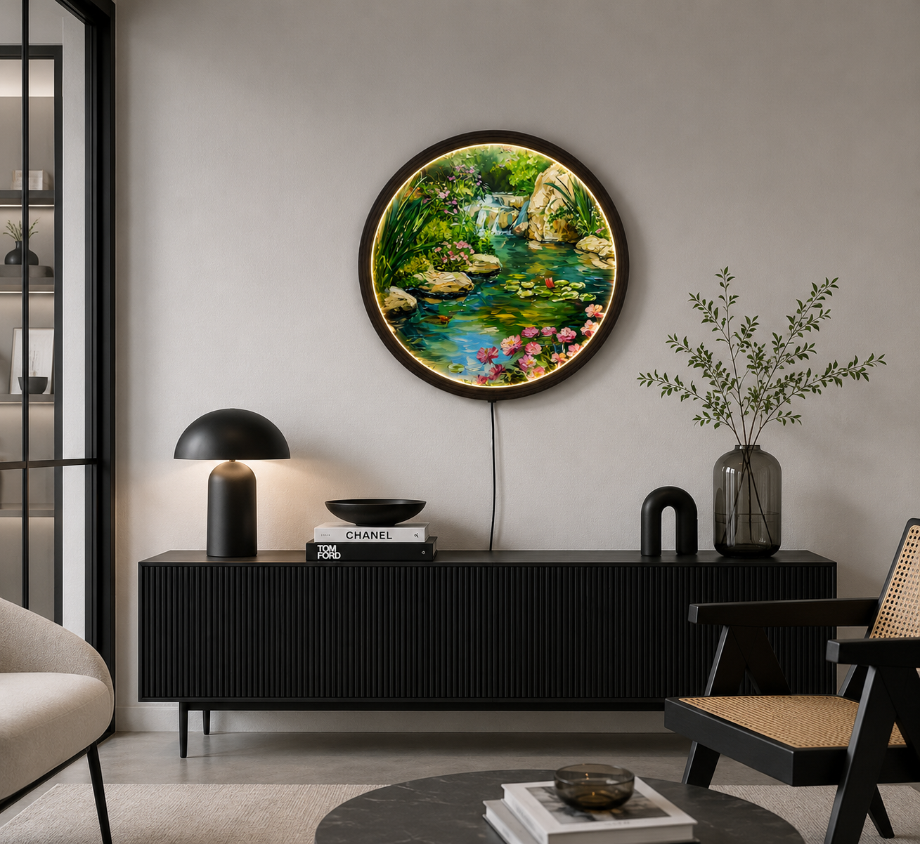 Round LED Waterfall Wall Art – Nature Landscape Lighted Wall Decor