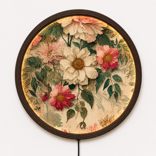 Vintage Floral LED Wall Art – Round Illuminated Botanical Wall Decor with Wooden Frame for Living Room, Bedroom & Home Decor