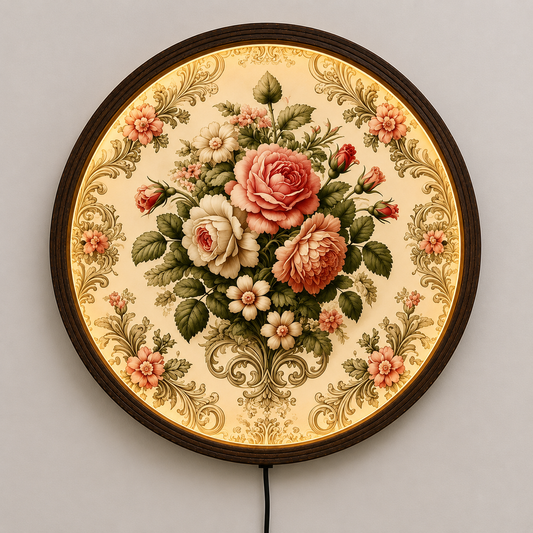 Vintage Floral LED Round Wall Art – Elegant Rose Bouquet Illuminated Home Decor, Rustic Wooden Frame, Warm Ambient Light