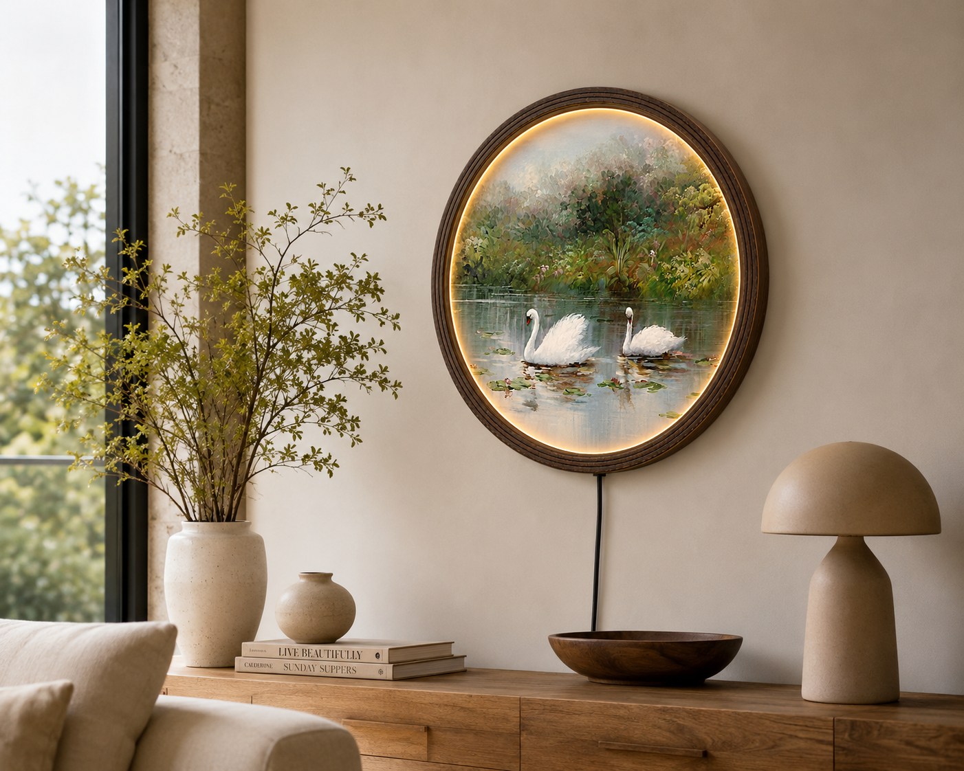 Elegant Swan Lake LED Round Wall Art – Luxury Nature Home Decor