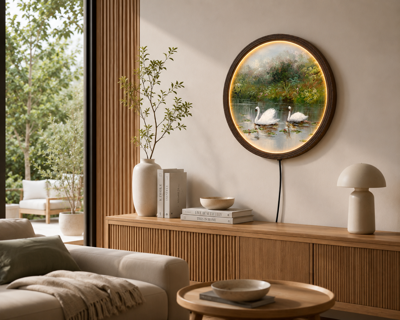 Elegant Swan Lake LED Round Wall Art – Luxury Nature Home Decor