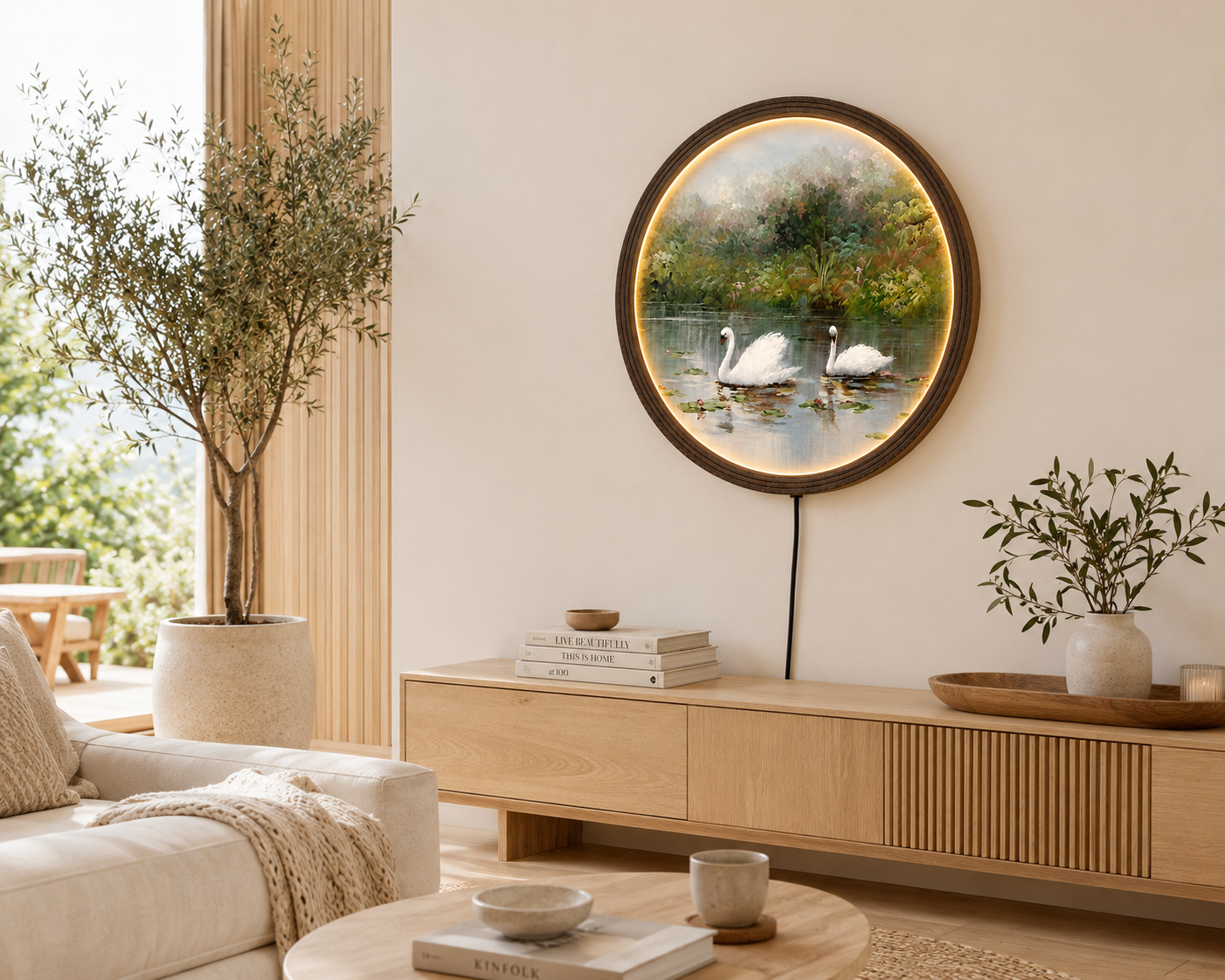 Elegant Swan Lake LED Round Wall Art – Luxury Nature Home Decor