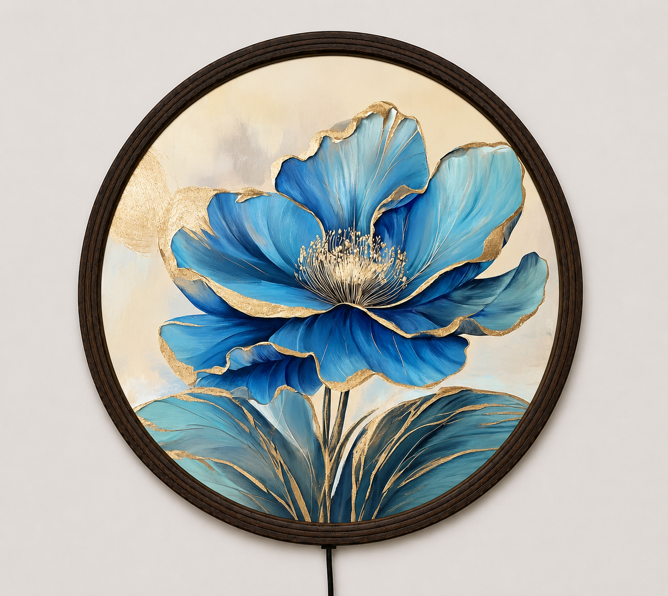 Blue Gold Floral LED Wall Art – Round Illuminated Flower Wall Decor with Wooden Frame | Modern Home Decor