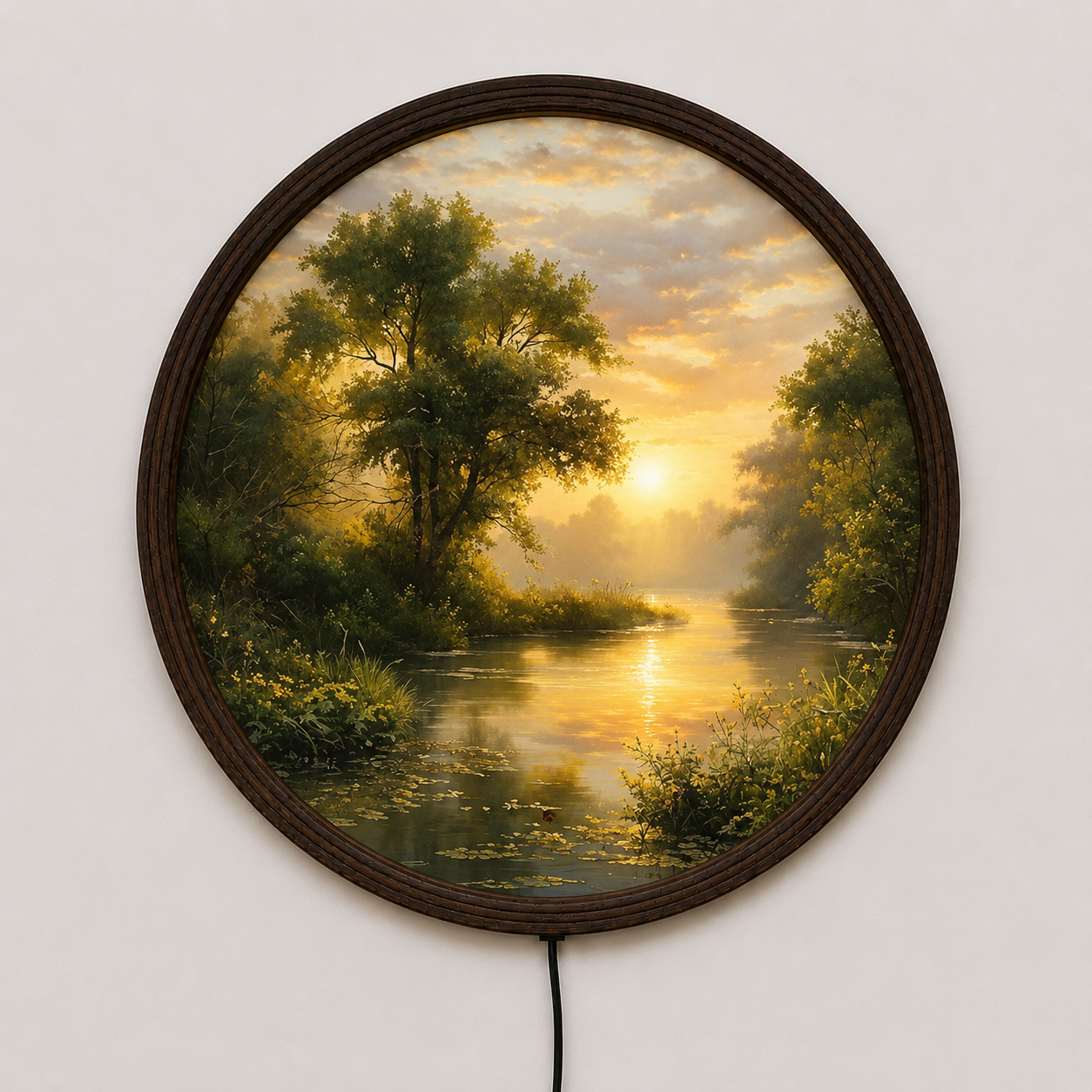 Golden Sunset River LED Wall Art – Round Illuminated Nature Wall Decor