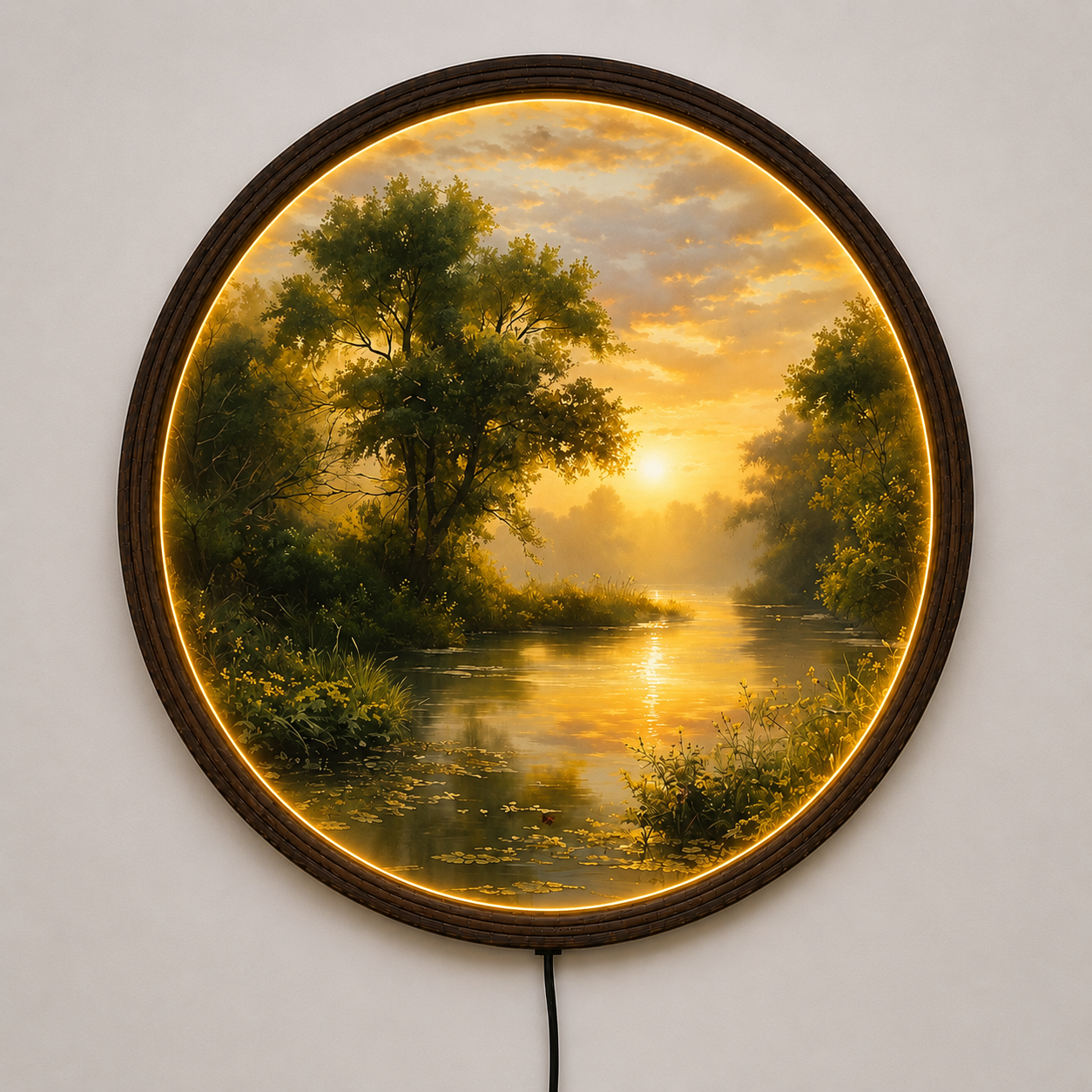 Golden Sunset River LED Wall Art – Round Illuminated Nature Wall Decor