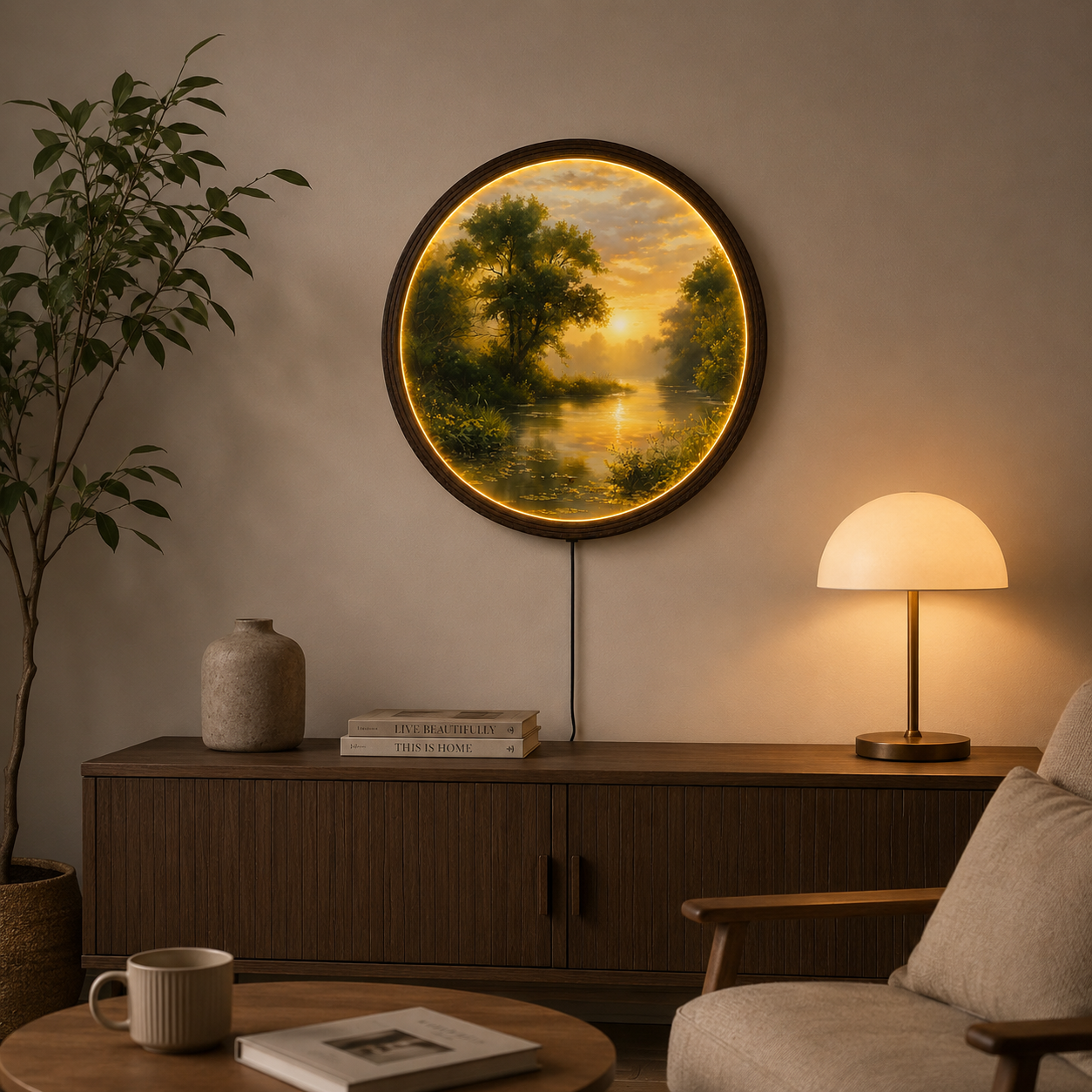 Golden Sunset River LED Wall Art – Round Illuminated Nature Wall Decor
