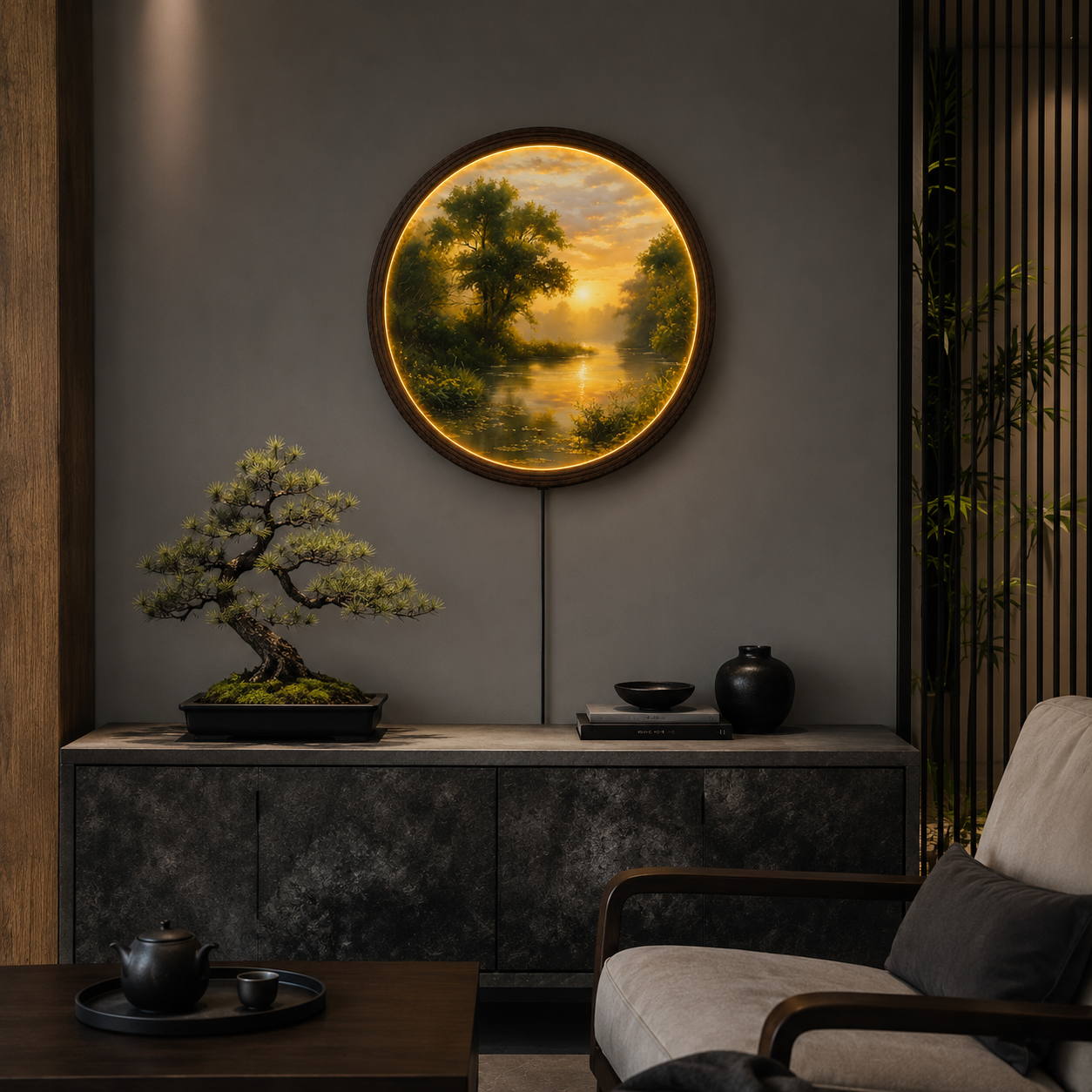 Golden Sunset River LED Wall Art – Round Illuminated Nature Wall Decor