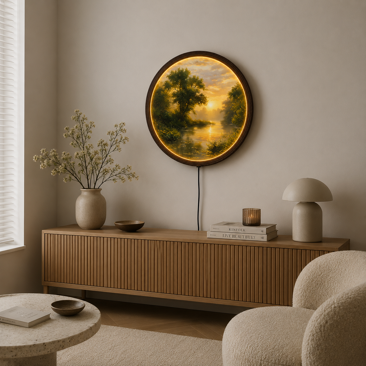 Golden Sunset River LED Wall Art – Round Illuminated Nature Wall Decor