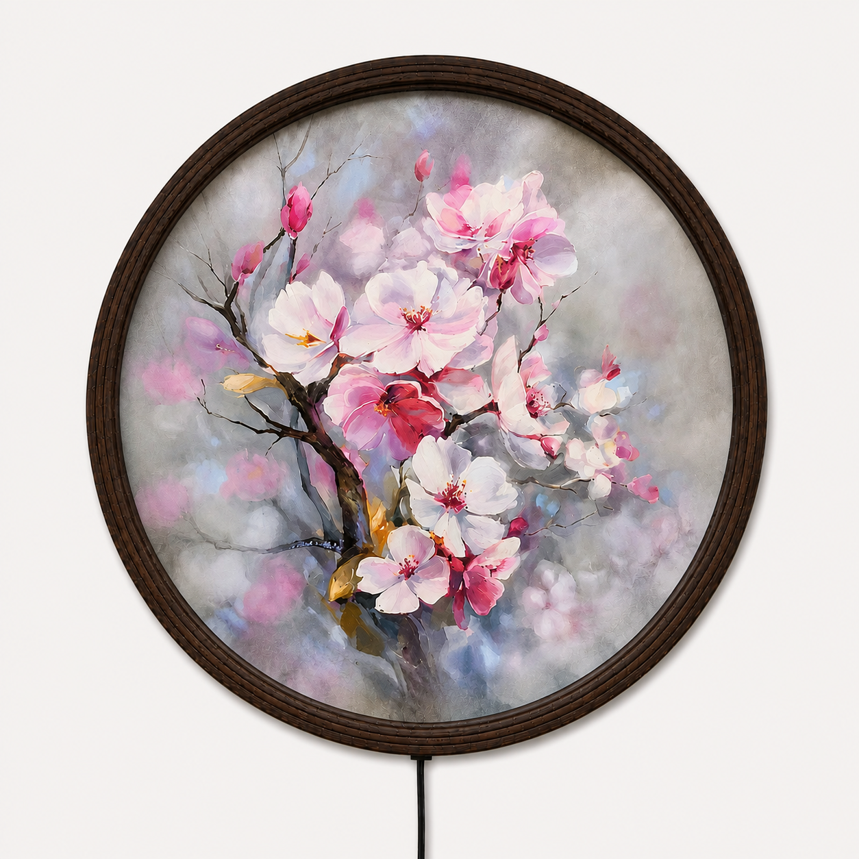 Cherry Blossom LED Round Wall Art – Modern Floral Lighted Wall Decor, Illuminated Botanical Canvas for Living Room, Bedroom & Home Decoration