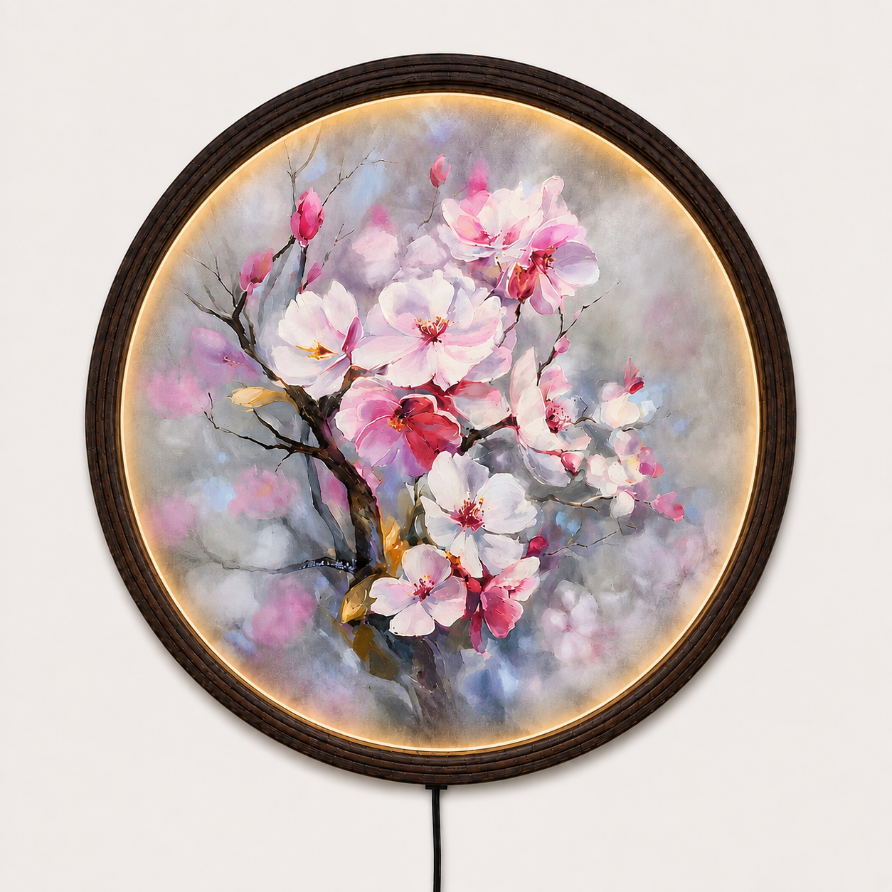 Cherry Blossom LED Round Wall Art – Modern Floral Lighted Wall Decor, Illuminated Botanical Canvas for Living Room, Bedroom & Home Decoration