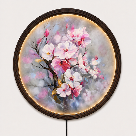 Cherry Blossom LED Round Wall Art – Modern Floral Lighted Wall Decor, Illuminated Botanical Canvas for Living Room, Bedroom & Home Decoration