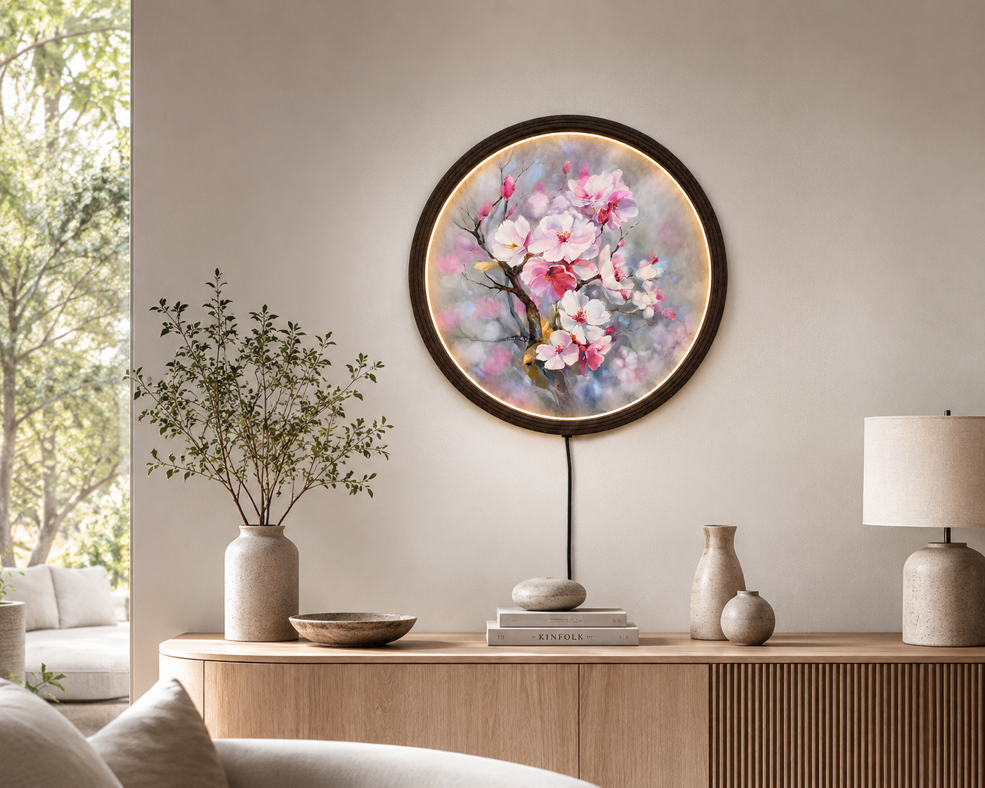 Cherry Blossom LED Round Wall Art – Modern Floral Lighted Wall Decor, Illuminated Botanical Canvas for Living Room, Bedroom & Home Decoration