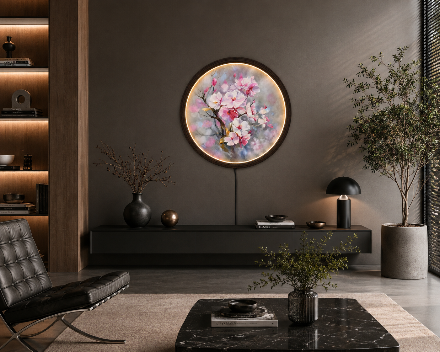Cherry Blossom LED Round Wall Art – Modern Floral Lighted Wall Decor, Illuminated Botanical Canvas for Living Room, Bedroom & Home Decoration