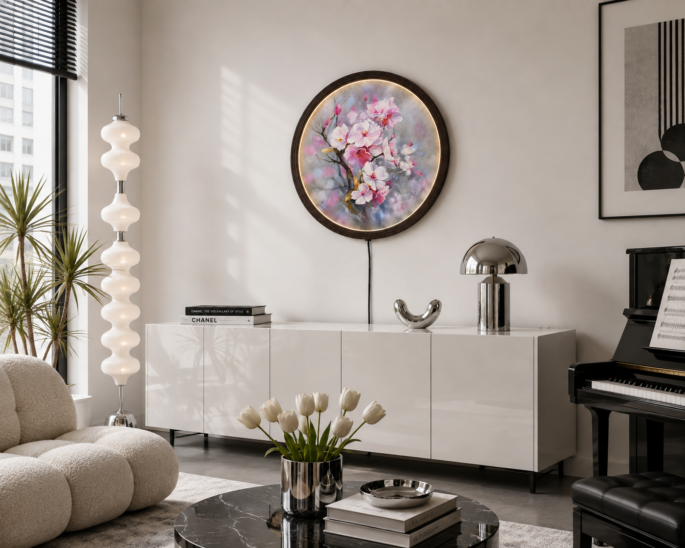 Cherry Blossom LED Round Wall Art – Modern Floral Lighted Wall Decor, Illuminated Botanical Canvas for Living Room, Bedroom & Home Decoration