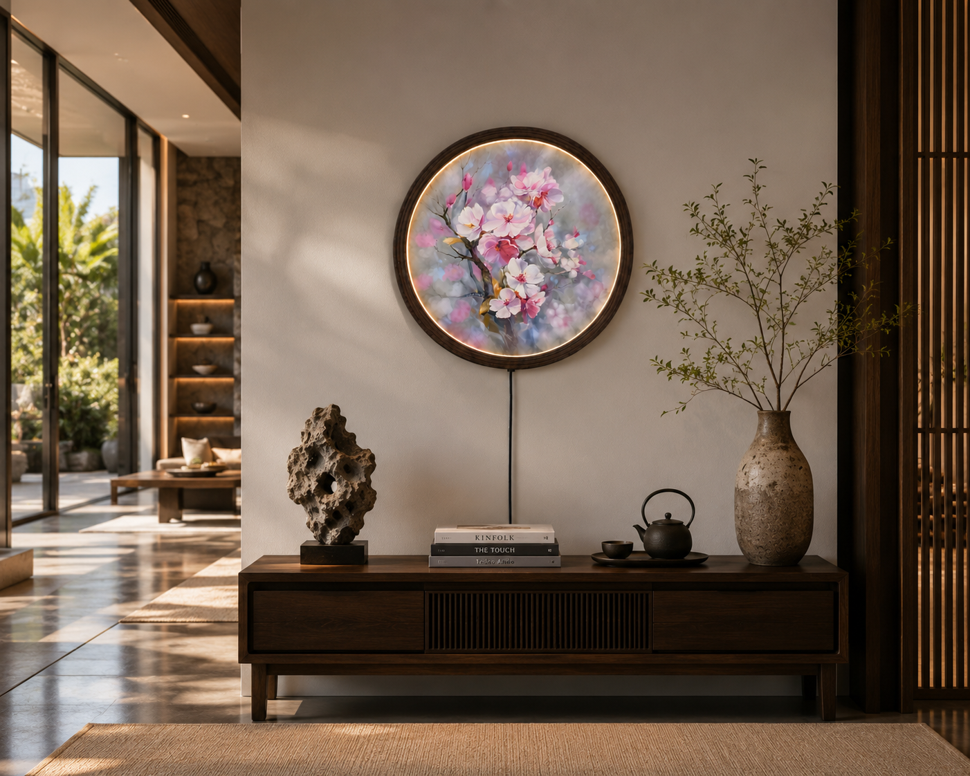 Cherry Blossom LED Round Wall Art – Modern Floral Lighted Wall Decor, Illuminated Botanical Canvas for Living Room, Bedroom & Home Decoration