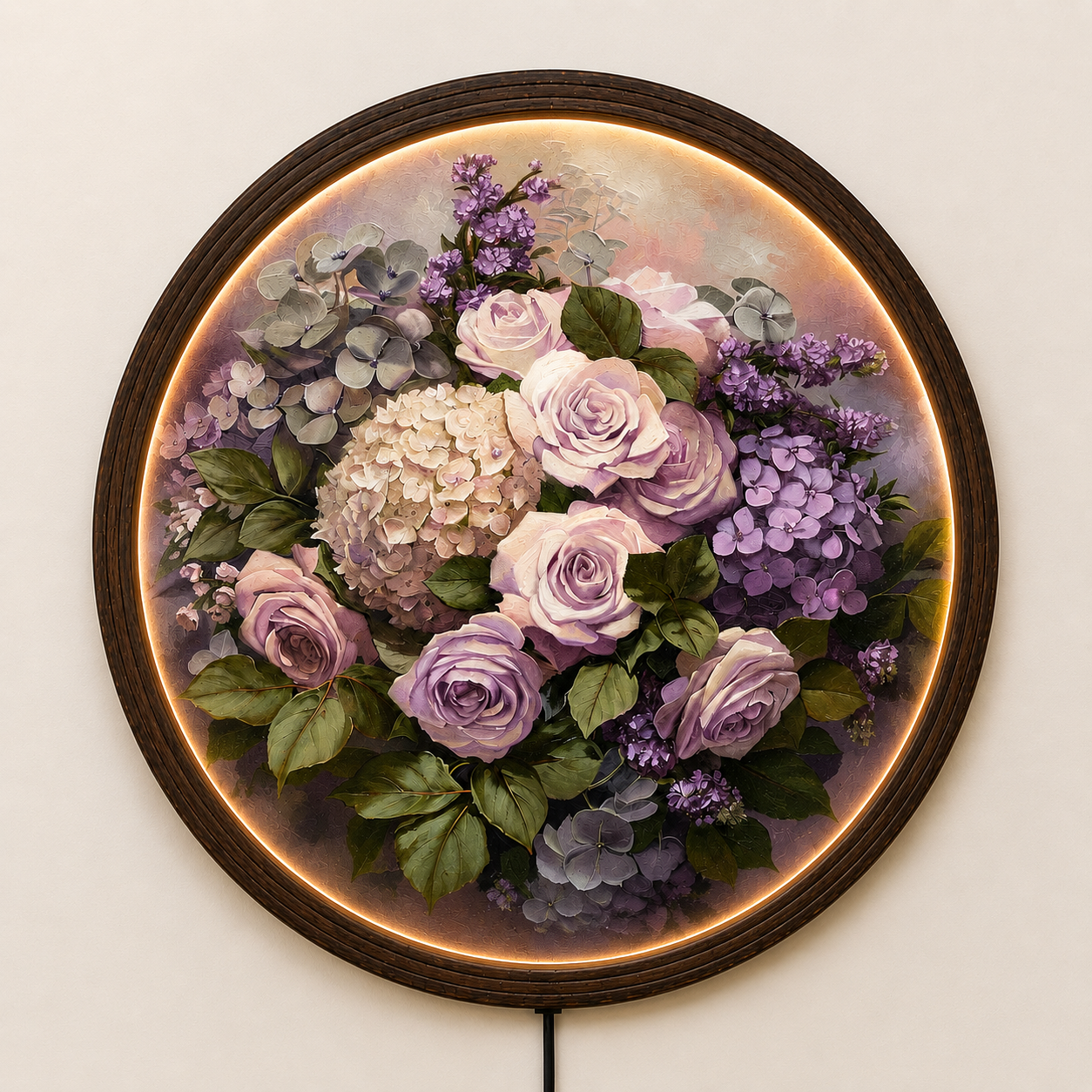 Round LED Floral Wall Art – Purple Rose & Hydrangea Lighted Home Decor