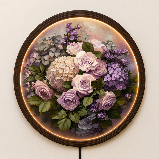 Round LED Floral Wall Art – Purple Rose & Hydrangea Lighted Home Decor