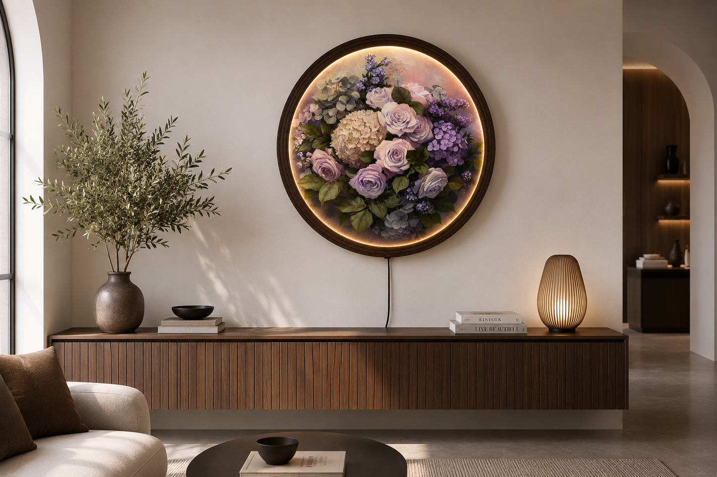 Round LED Floral Wall Art – Purple Rose & Hydrangea Lighted Home Decor
