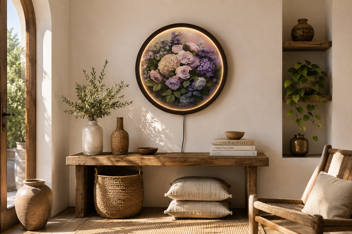 Round LED Floral Wall Art – Purple Rose & Hydrangea Lighted Home Decor