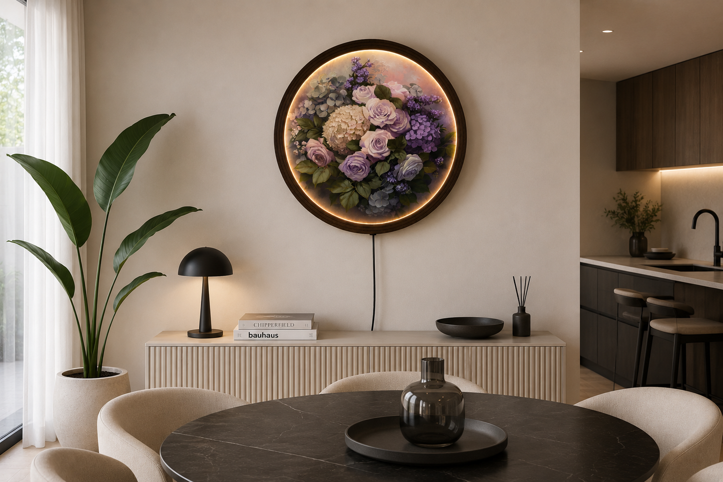 Round LED Floral Wall Art – Purple Rose & Hydrangea Lighted Home Decor