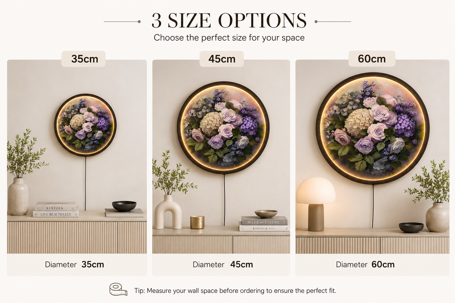Round LED Floral Wall Art – Purple Rose & Hydrangea Lighted Home Decor